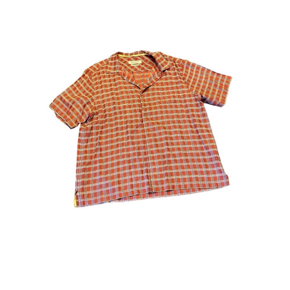 Tommy Bahama Short Sleeve Plaid Orange Silk Button Up Shirt Size X Large